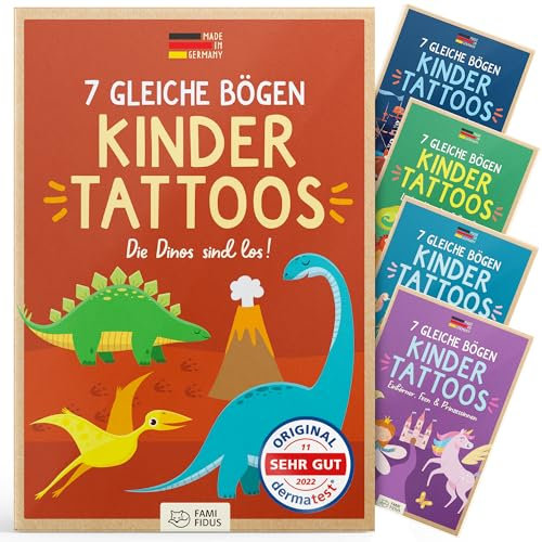 Famifidus +115 hautfreundliche Temporäre Tattoos I 7 gleiche Bögen I Dermatologisch SEHR GUT I Kinder Tattoo MADE IN GERMANY I Tattoo Kinder I Tattoos für Kinder (Die Dinos sind los!)