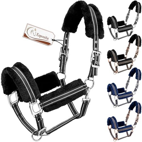 Esposita Halfter Champion Edition Stallhalfter Fellhalfter Flauschhalfter weich unterlegt mit Kunstfell flauschig (Cob/VB, Schwarz/Silber)
