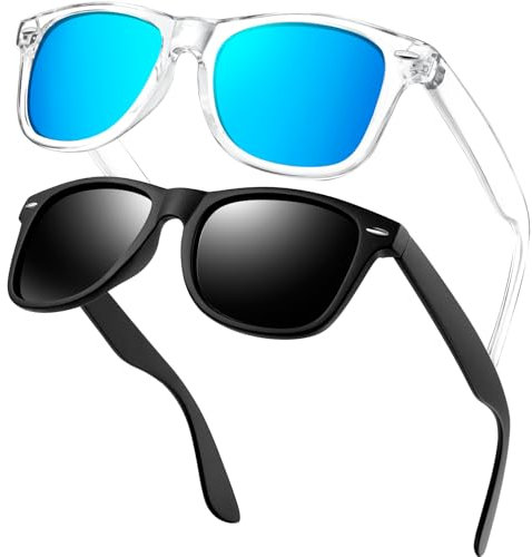 KANASTAL 2 Pack Gafas de Sol Transparentes Azul Espejo Hombre y Mujer Polarizadas Vintage Retro Clásicas Pesca Protección UV400 Sunglasses - Claro Azules + Negro Mate
