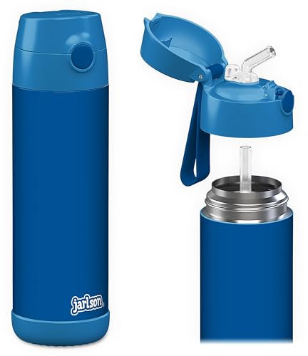Jarlson® Trinkflasche Kinder Edelstahl CHARLI mit Strohhalm - Thermosflasche 350ml - TÜV geprüft - BPA frei - auslaufsicher - Thermo Wasserflasche für Schule, Kindergarten - Blau, 500 ml