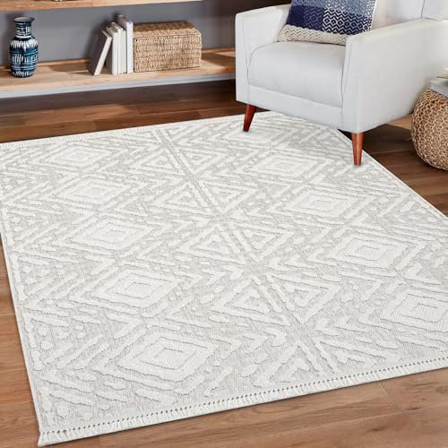 payé Teppich Wohnzimmer - 140x200cm - Boho - Beige - Modern Rauten Muster - Frasen-Teppiche Flachflor Wohnteppich Schlafzimmer Deko