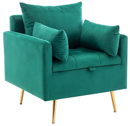 DRIXNO Samt Sessel Mit Kissen, Ottomane mit Stauraum Sessel, Einzelner Sofa Sessel, Gepolsterter Sessel, Freizeit Stuhl, Goldener Metallbeinstuhl Grüner