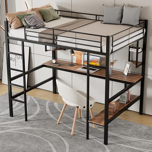 NNJN Bettgestell Metallbett, Eisenbett mit Schreibtisch, Hochbett mit Vier kleinen Regalen und einem großen Bücherregal für Kinder, Jugendliche und Erwachsene, schwarz (90 * 200cm)
