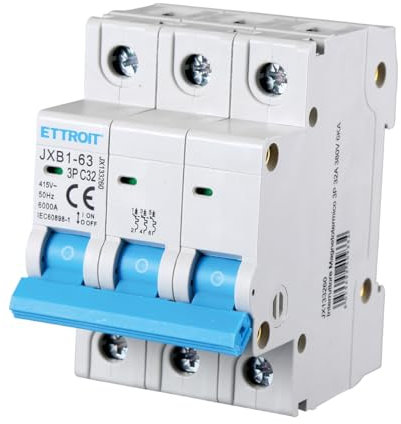 Interruttore Magnetotermico Automatico, 3P 32A 3kA, Tripolare 220V e 380V, Per Monofase e Trifase, Occupa 3 Moduli DIN