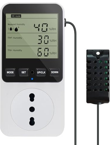 KETOTEK Digitale Igrostato/Termostato con Spina e Presa con Sonda 230V Regolatore di Umidità Umidostato con Allarme per Deumidificatore Uumidificatore Serra
