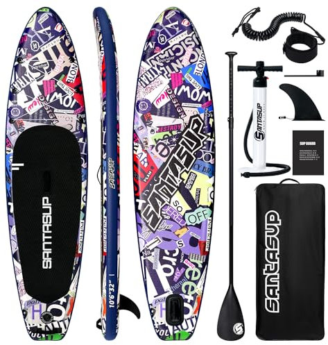 Santasup Blue Blow Up Paddle Board mit Zubehör, Breit Stand Up Paddle Board für Erwachsene & Jugendliche, Surfbrett, Allround Sup Board mit Rutschfestem Deck