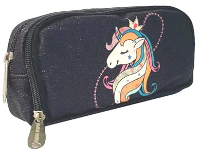 PRESTIGE & DELUXE Federmäppchen mit 3 Reißverschlüssen, Einhorn, schwarz, Glitzer, Pool Over mit 25 Buntstiften + Schlüsselanhänger mit Pailletten und farbigem Stift mit Duft, mehrfarbig, standard,