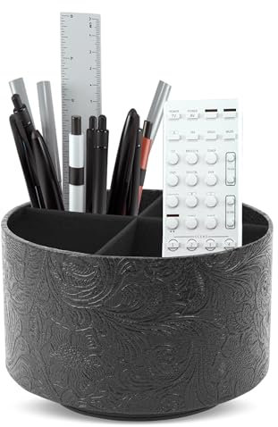 Czzmy Rotation range télécommande,Circulaire Support de télécommande en PU Cuir avec 4 Compartiments,Organisateur de bureau multifonction pour TV telecommande,Lunettes,Crayons(1-Gravure noire)