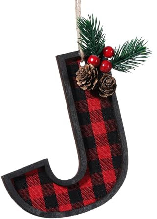 Pxniy Buffalo Plaid Pattern Monogram Christmas Ornament,Personalized Initial Christmas Tree Ornaments,Xmas Stocking Tag,Farmhouse Rustic Wooden Monogram Decoration-Letter J