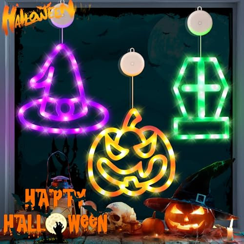 Halloween Lichterkette, 3 Stück LED Lichtervorhang Halloween, Kürbis, Hexenhut und Grabstein, Fenster Lichterkette Halloween mit Saugnäpfe Halloween Dekoration für Party Beleuchtung Deko Innen Außen