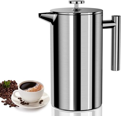 VOSFEEL French Press Cafetiere 8 Cup - 1000ML Stainless Steel Coffee Maker Large Capacity with 3 Level Filtration System, Double Wall Insulation, Easy to Clean