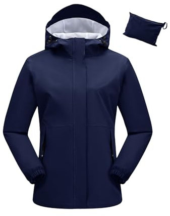 donhobo Damen Regenjacke Wasserdicht Leicht Atmungsaktiv Kapuze Regenmantel Packbar Outdoor Radfahren Windbreaker Jacke, Marine, M