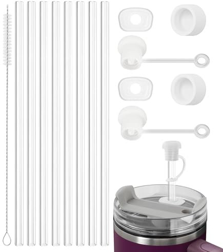 Nearockle 8stk 30 cm Langes Tritan Strohhalm mit 2 Sätze Slicone Auslaufsicher Strohhalm Abdeckung verschluss Und Reinigungsbürste Kompatibel für Stanley Quencher 850ml &1.2L Zubehör (Transparent)