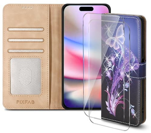 PIXFAB Case for iPhone 16 Pro with 2 x Screen Protector Tempered Glass, Leather Wallet Phone Case, Magnetic Book Flip Folio Cover [RFID Protection & Card Slots] and [Kickstand] - Butterfly
