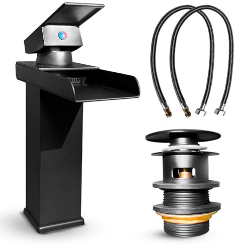 MSC Black Waterfall Tap for Bathroom Sink - Mixer Tap With Mono Square Single Lever, Modern Durable Solid Brass Construction and Smooth Water Flow, Black WF