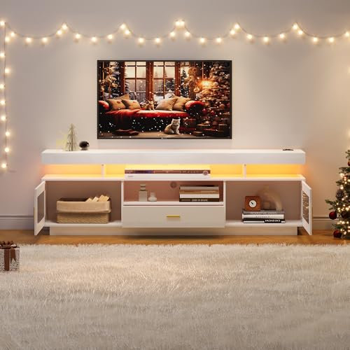 BTM Meuble TV avec LED, Meuble TV 150cm avec Tiroir, Portes et Compartiment, Meuble TV Blanc Brillant pour Salon, Charge de 30kg, pour Télévisions jusqu'à 80 Pouces, 150x40x60cm