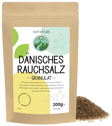 Alpi Nature Dänisches Rauchsalz Granulat 200g, Rauchsalz 1-3mm | kaltgeräuchertes Meersalz mit Buchenholzaroma, ideal für Grillfleisch, Meeresfrüchte & Eiern