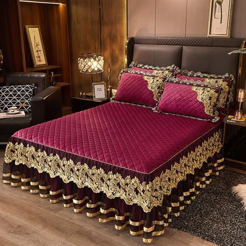 KnSam Drap Housse 200x220cm - Bordeaux, Cache-sommier en Velours Broderie Dentelle, Protège Matelas Matelassé Chaud Doux Confortable
