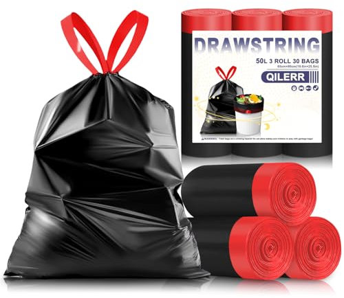 QILERR 50L Black Bin Bags with Tie Handles heavy duty Kitchen Wheelie Bin Liners 30 Count Extra Thick Leakproof Rubbish Bags Reinforced Waste Sacks for Garden, Kitchen & Home Fit 40-55L Bin