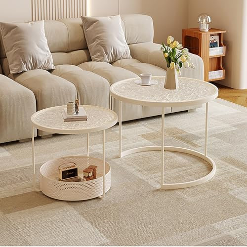 Mesa De Centro Redonda, Mesa Nido Juego De 2, Mesa De Centro Salon, Tablero De Mesa De Cristal con Estructura De Hierro, Apilable, Mesa De Cóctel Moderna para Sala De Estar(White,45+60cm)