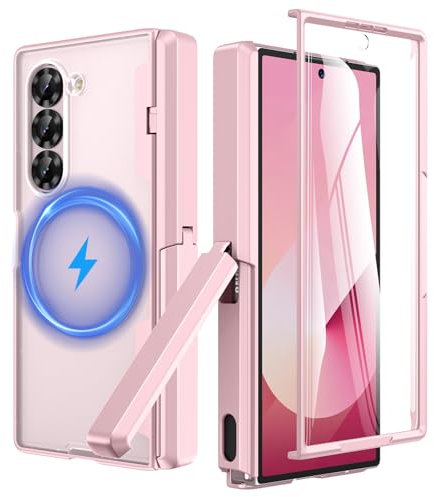 HWeggo for Samsung Galaxy Z Fold 6 Case with Kickstand & Front Screen Protector, with Magnetic Charging Magnetic Hinge Protection, Shockproof Protective (Rose, Galaxy Samsung Z Fold 6)