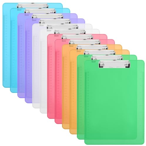 SINJEUN 12 Stück Klemmbrett a4, Transparente Schreibplatten mit Versteckte Haken, Klemmbretter bunt für Büro und Schule, Blau, Orange, Weiß, Pink, Grün, Lila (31,5 x 22,5cm)