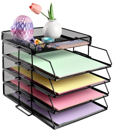 EasyOFC 4-Tier Mesh in Trays Desk Organiser,Office File Holder with Stationery Storage Paper Document Letter Organiser with Top Stationery Holder,Black