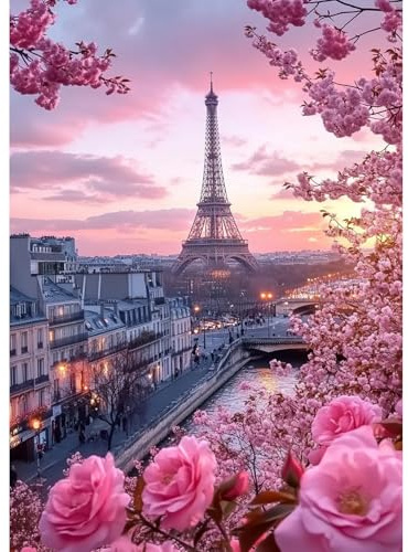 TOSTOG Diamond Painting für Erwachsene,Eiffelturm Diamond Painting Kits Full Drill Bilder Diamant Kirschblüten Landschaft Rosa Bilder 30x40cm für Wanddekor