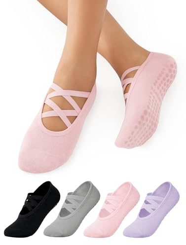 Harlamvar Damen 4 Paar Rutschfest Yoga Socken Grip Pilates Riemen Design | Kreuzgurte Design, Antirutsch, Atmungsaktive Baumwolle, Fitness, Ballett, Tanz, Anti-Rutsch, Barre, Trampolin für Damen