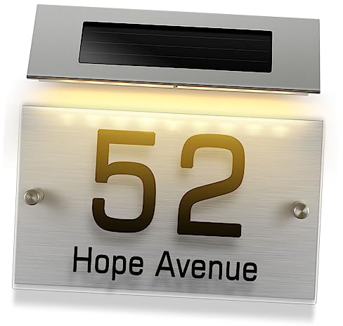 Ipetboom Lampe Solaire Numéro Maison Couleurs Plaque Adresse Personnalisable Acrylique Éclairage Extérieur Automatique pour Porte et Boîte Aux Lettres Installation Facile pour Visibilité