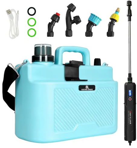 8L Elektrischer Drucksprüher mit Teleskopstab - Gartenspritze mit 4 Düsen, 3 Sprühstufen & USB-Aufladung - Verstellbarer Schultergurt, für Unkrautbekämpfung und Pflanzenpflege