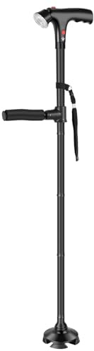 BAODBF Verstellbarer Gehstock Klappbar Schwarz mit LED-Licht Alarm | Doppelgriff Spazierstock Aluminium mit Notfallalarm für Senioren Arthritis Patienten Höhenverstellbar 96 cm Gehhilfe