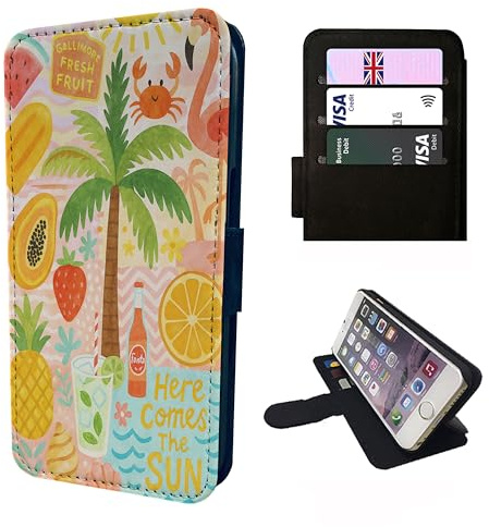 Tropical Sunshine Wallet Phone Case – Floral Faux Leather Flip Cover – Compatible with iPhone SE, 7, 8, X, XR, 11, 12, 13, 14, 15, 16, 16E & 17 (Plus, Mini, Pro, Max Models) Palm Tree Quote Black