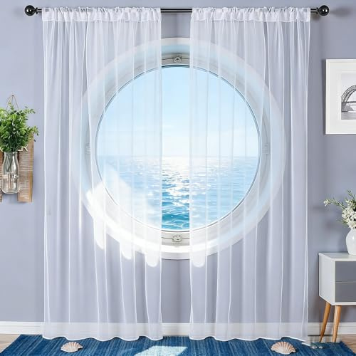 Sheer Voile Vorhang 200 x 205 cm mit Kräuselband, Halbtransparent, Lichtdurchlässig, mit Ösen in Leinenoptik, Luftig Und Langlebig, Sheer Voile Vorhänge, Schlaufenvorhang für Jedes Fenster, Weiß