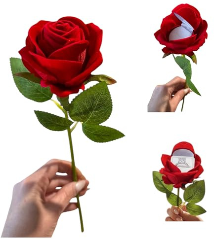 GMM Portagioie a Forma di Rosa Rossa, Cofanetto Porta Anello, Rosa Artificiale e Foglie Verdi con scatola portagioiello
