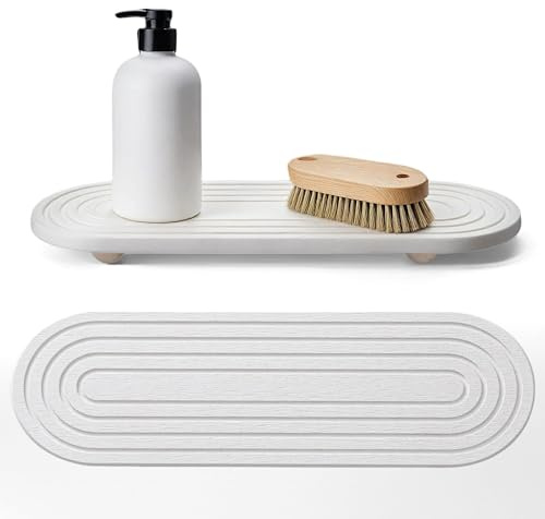 Odetina Diatomaceous Stone Sink Tray, Quick Drying Water Absorbing Bathroom Organizer, Non Slip Draining Board with Wooden Feet for Kitchen Countertop, Bathroom (white)