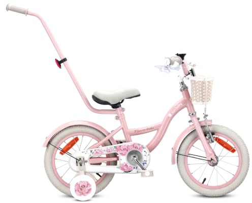 sun baby Flower Bike Retro Girls Bike 14/16 Inch | For ages 3-6, steel frame, V-brakes, training wheels, bell and reflectors