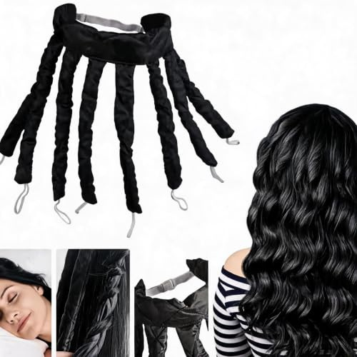 Bigoudis Sans Chaleur en Soie, Bandeau Boucle Cheveux pour Chevelures Longues et Mi-Longues, Bigoudis Pieuvre, Boucles Naturelles sans Chaleur, Noir