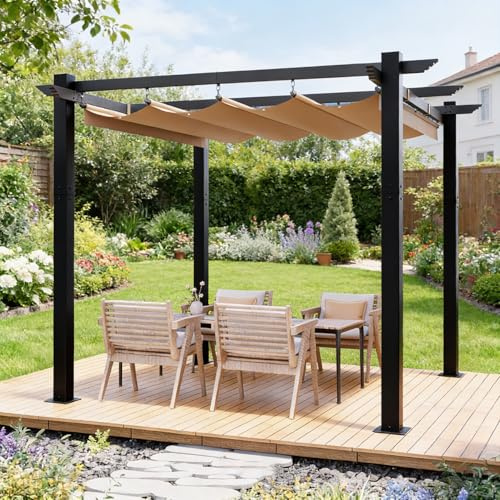 3x3m Metall Pergola mit Einziehbarem Dach,Alu-Gartenpergola mit Verstellbarem Sonnenschutz für Terrasse,Party & Grill,Beige