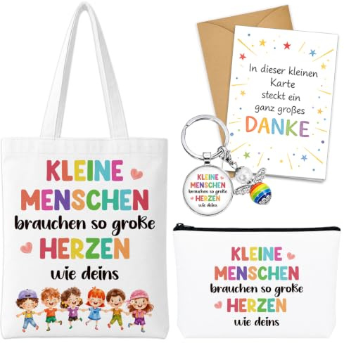 5 Stück Erzieherin Geschenk Baumwolltasche Make Up Tasche Schlüsselanhänger Dankeskarte Umschlag, Kleine Menschen brauchen so große Herzen wie deins für Lehrerin, Abschiedsgeschenk Erzieherin