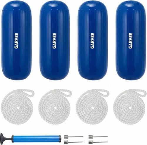 Crevyteg Heavy Duty Inflatable Boat Fenders 4 Pack, 10x28 Inch Blue PVC Dock Bumpers, UV Resistant, Includes Ropes, Hand Pump, Storage Bag - Ideal for Pontoon, Sailboat, Yacht, Fits 30-40ft Boats