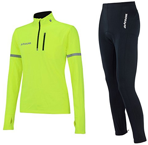Airtracks Herren Winter Radtrikot Set - Thermo Fahrradhose Lang + Thermo Fahrradtrikot Langarm - Atmungsaktiv - Reflektoren - schwarz-neon - L