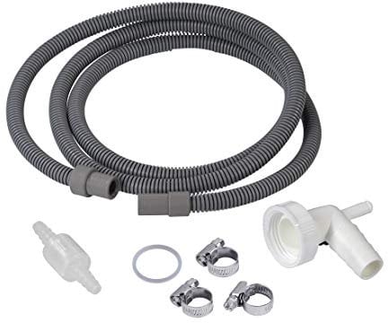 Xavax 7-teiliges Ablaufschlauch-Set für Trockner (Ablaufschlauch 1,5m, Siphonanschluss inkl. Dichtungsring, 3 Schlauchschellen und Rückschlagventil)