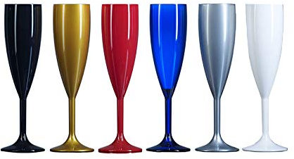Coloured Plastic Polycarbonate Champagne Glasses, 12 Pack, 187ml/18.7cl/6.6oz, Reuse 1000's of times | 2 x Red, 2 x Blue, 2 x Gold, 2 x Silver, 2 x White, 2 x Black
