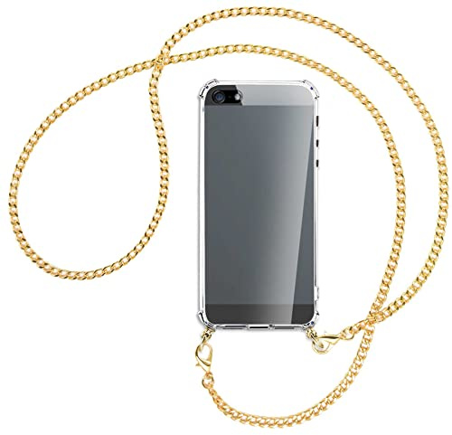 mtb more energy Handykette kompatibel mit Apple iPhone 5, 5S, iPhone SE 2016 (4.0'') - Metallkette (Gold) - Smartphone Hülle zum Umhängen - Anti Shock Full TPU Case