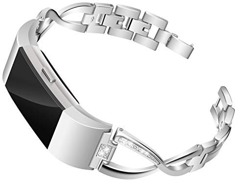Mtozon Bänder kompatibel mit Fitbit Charge 2 Slim Bling Metall Bands mit Strass Ersatz Armband Frauen Silber