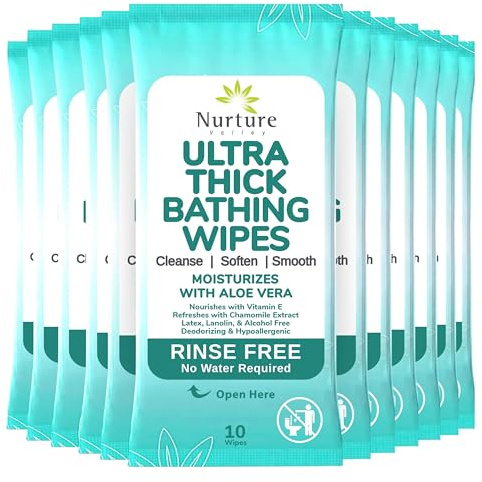 Ultra-Thick Rinse Free Bathing Wipes (12 pack) | 120 Extra Large & Thick Adult Sponge Bath Wash Cloths Requiring No Rinse - Latex, Lanolin and Alcohol Free - 12 Packs of 10 Cleansing Body Bath Wipes