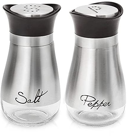 Lonffery Salt and Pepper Shakers Set, Salt Containers for Gifts, Kitchen Decor with Stainless Steel and Glass Bottle, Set of 2