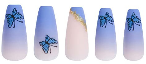 Butterfly Coffin Fake Nails Matte Blue Acrylic Press on Glitter Gradient Full Cover False Nail Tips Art DIY