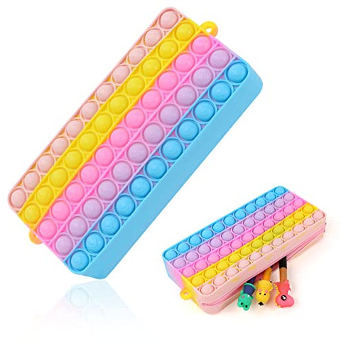 Vicloon Fidget Toy Federmäppchen, 3 in 1 Silicone Popit Taschen, Kinder Teenager Stiftetasche, Popit Crossbody, mit 3 süßen Bleistift Aufsätze, Anti Stress Sensorische Spielzeug für Kinder Meenager
